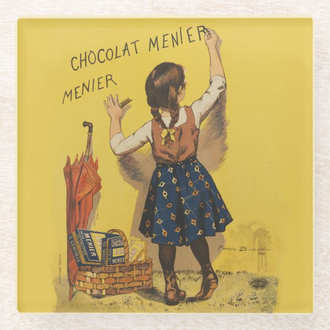 Chocolat Menier Little Girl Wall Writing  Glass Coaster (Front)