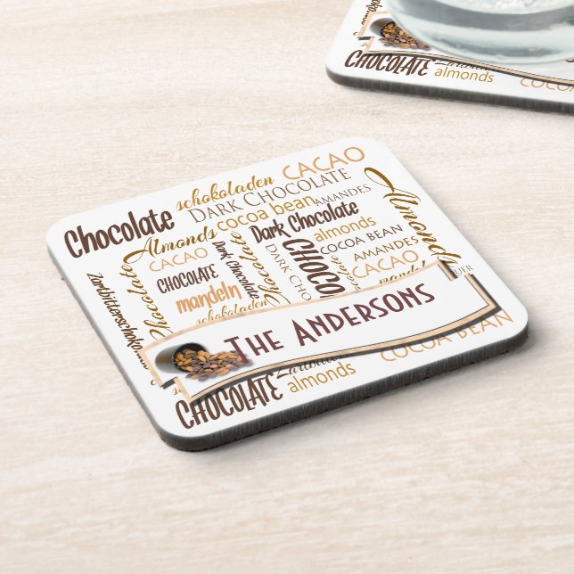 Chocolate Almond Typography Collage Personalized Coaster (Left Side)