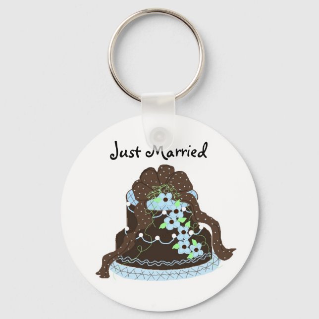 Chocolate and  Blue Wedding Cake - Just Married Keychain (Front)