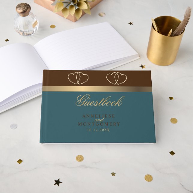 Chocolate and Dark Teal with Gold Hearts Guest Book (Front Open)