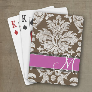 Chocolate and Magenta Damask Pattern Monogram Playing Cards