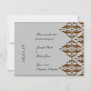 Chocolate and Silver Damask Save the Date Invitation