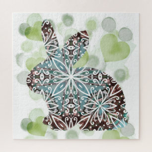Chocolate and Soft Blue Mandala Bunny with Hearts Jigsaw Puzzle