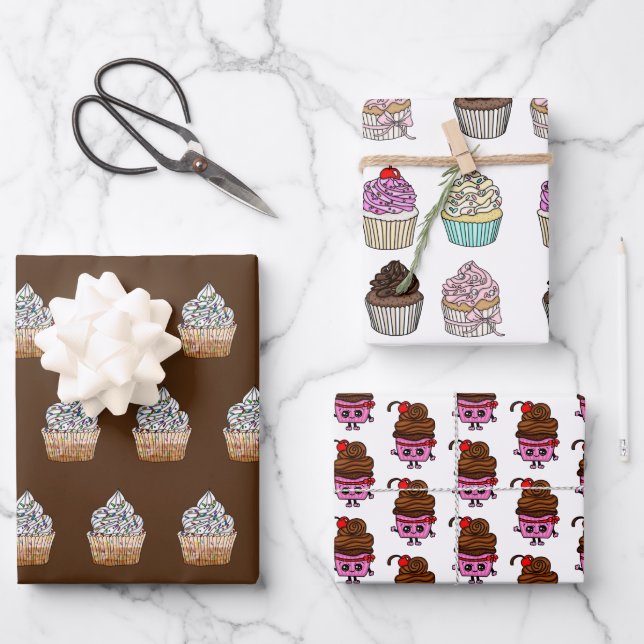 Chocolate and Strawberry Cupcakes Happy Birthday Wrapping Paper Sheet (Front)