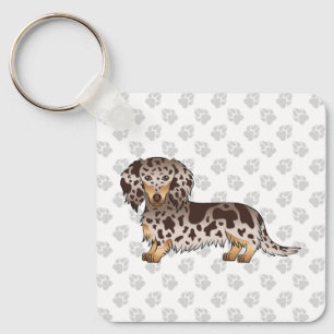 Chocolate And Tan Dapple Long Hair Dachshund Dog Keychain