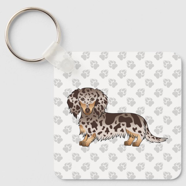 Chocolate And Tan Dapple Long Hair Dachshund Dog Keychain (Front)