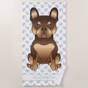 Chocolate And Tan French Bulldog Cute Dog & Name Beach Towel