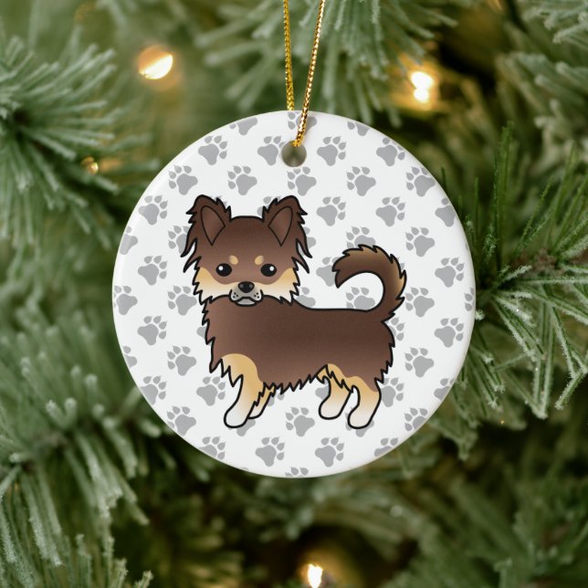 Chocolate And Tan Long Coat Chihuahua Dog & Paws Ceramic Ornament (Tree)