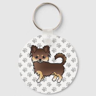Chocolate And Tan Long Coat Chihuahua Dog & Paws Keychain