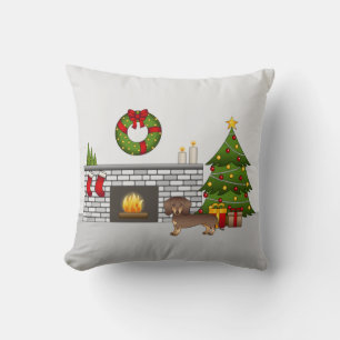 Chocolate And Tan Short Hair Dachshund - Christmas Throw Pillow