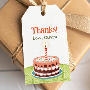 Chocolate Birthday cake with candle and tablecloth Gift Tags