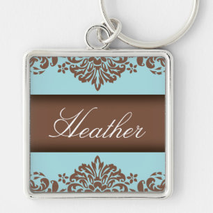 Chocolate & Blue Damask Keychain