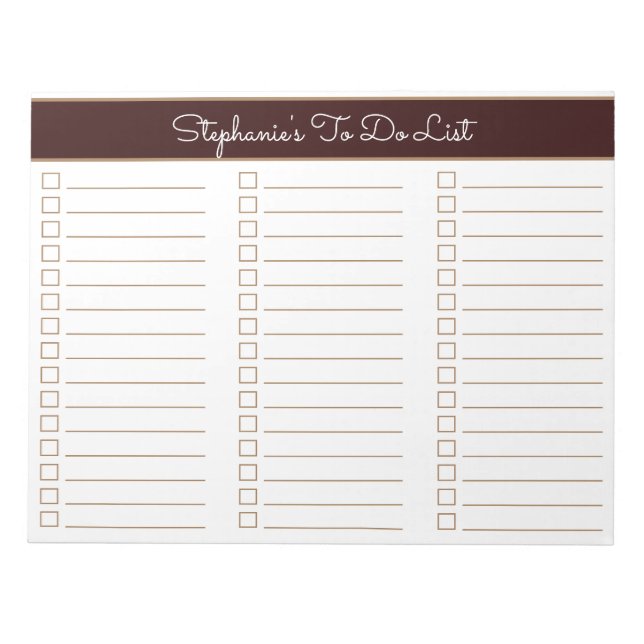 Chocolate Brown 8.5x11 Three Column Checklist Notepad (Front)