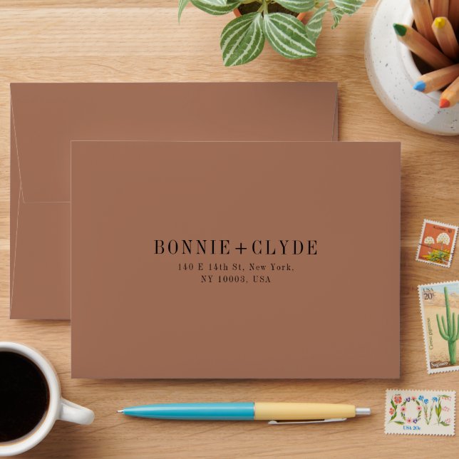 Chocolate Brown A7 Wedding RSVP Envelope with Addr (Desk)