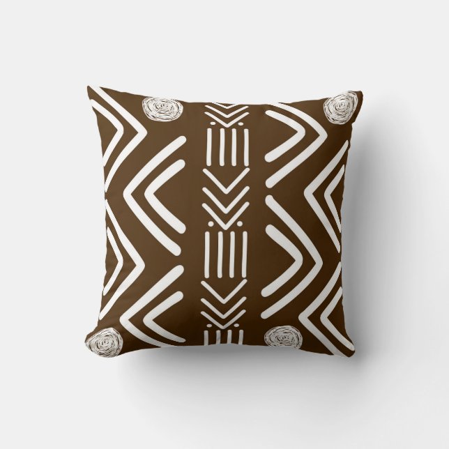 Chocolate Brown African Bogolan Tribal Design Throw Pillow (Front)
