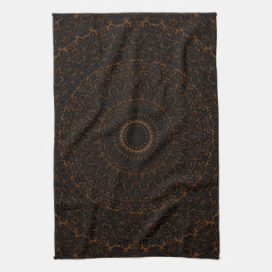 Chocolate Brown and Black Mandala Kaleidoscope Kitchen Towel