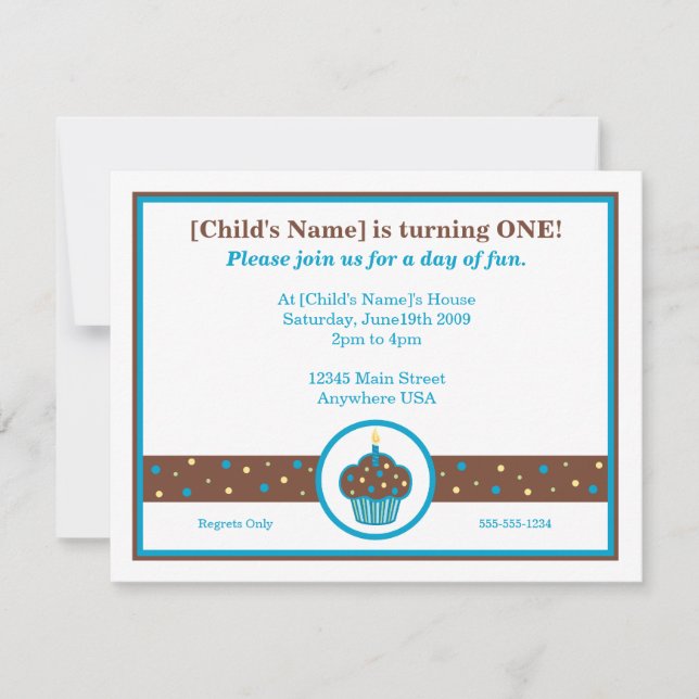 Chocolate Brown and Blue Cupcake Themed Invitation (Front)