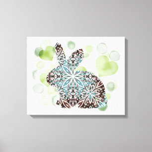 Chocolate Brown and Blues Mandala Bunny + Hearts Canvas Print