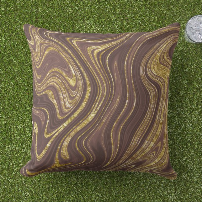 Chocolate Brown  and Gold Marble Look Pattern Outdoor Pillow (Grass)