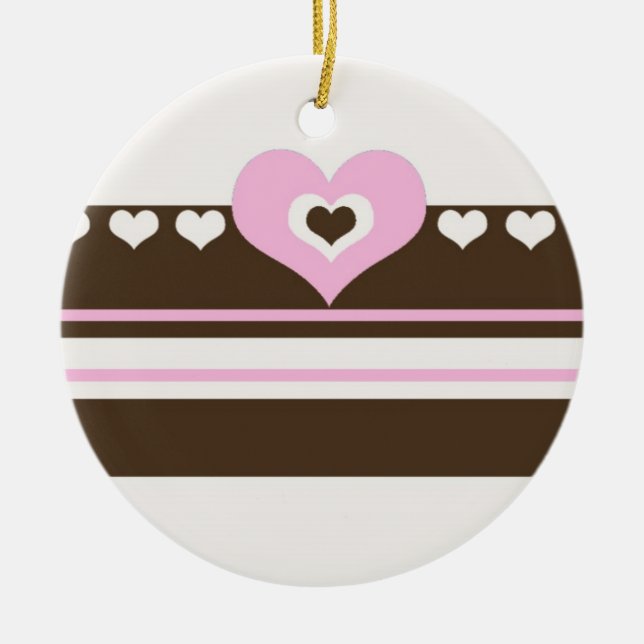 Chocolate Brown and Pink Heart Stripe Ceramic Ornament (Front)
