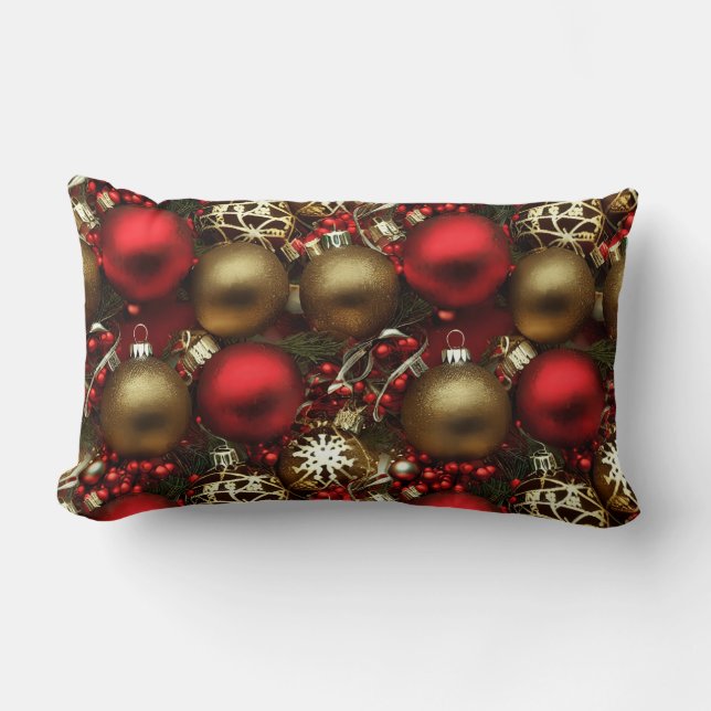 Chocolate Brown and Ruby Red Christmas Ornaments  Lumbar Pillow (Front)