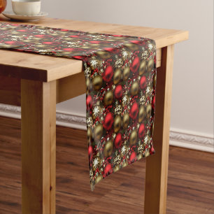 Chocolate Brown and Ruby Red Christmas Ornaments  Short Table Runner