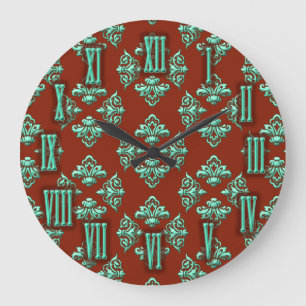 Chocolate Brown and Teal Damask Clock