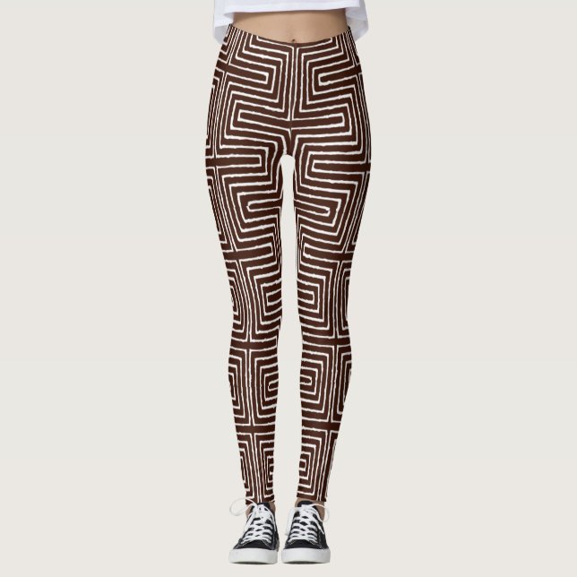 Chocolate Brown and White Maze African Mud Cloth Leggings (Front)