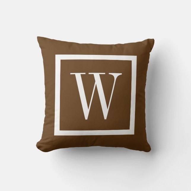 Chocolate Brown and White Preppy Square Monogram Throw Pillow (Front)