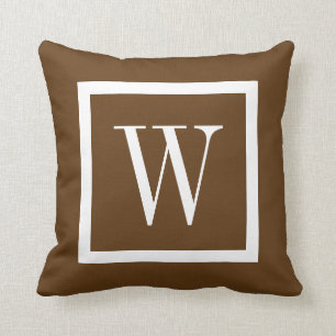 Chocolate Brown and White Preppy Square Monogram Throw Pillow