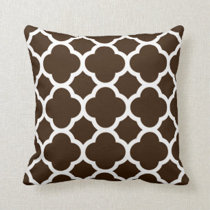 Chocolate Brown and White Quatrefoil Pattern Throw Pillow
