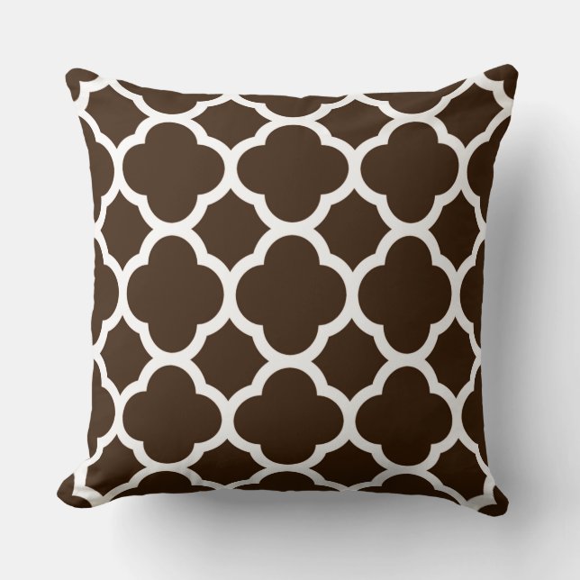 Chocolate Brown and White Quatrefoil Pattern Throw Pillow (Front)