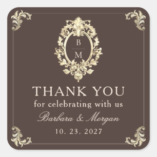 Chocolate Brown Baroque Gold Wedding Thank You Square Sticker