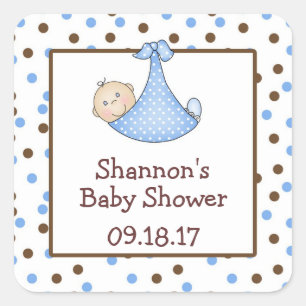Chocolate Brown Blue Dot Baby Shower Favour Square Sticker