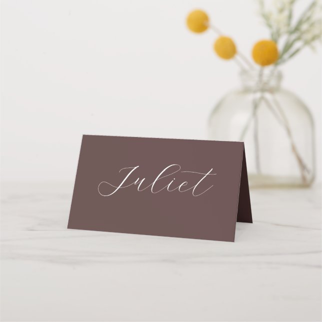 Chocolate Brown Boho Wedding Script Name Place Card (Front)