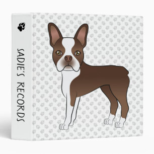 Chocolate Brown Boston Terrier Cartoon Dog & Paws Binder