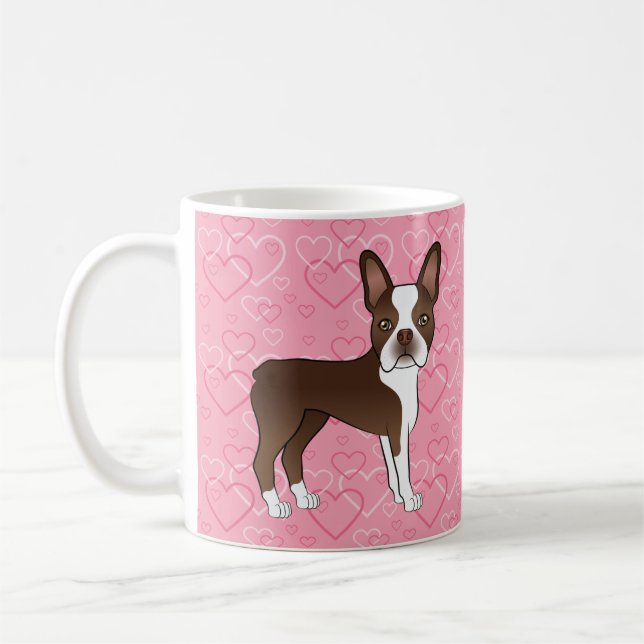 Chocolate Brown Boston Terrier Dog On Pink Hearts Coffee Mug (Left)