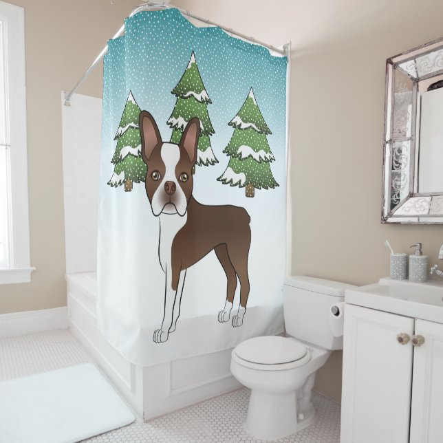 Chocolate Brown Boston Terrier In A Winter Forest (In Situ)