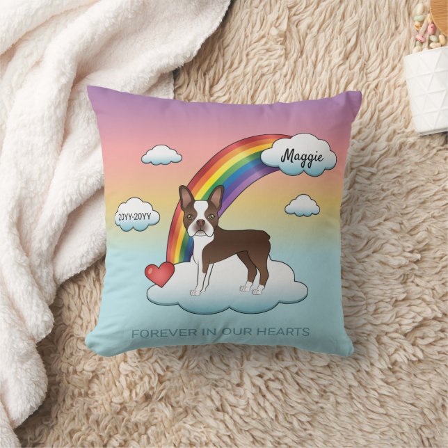 Chocolate Brown Boston Terrier Rainbow Memorial Throw Pillow (Blanket)