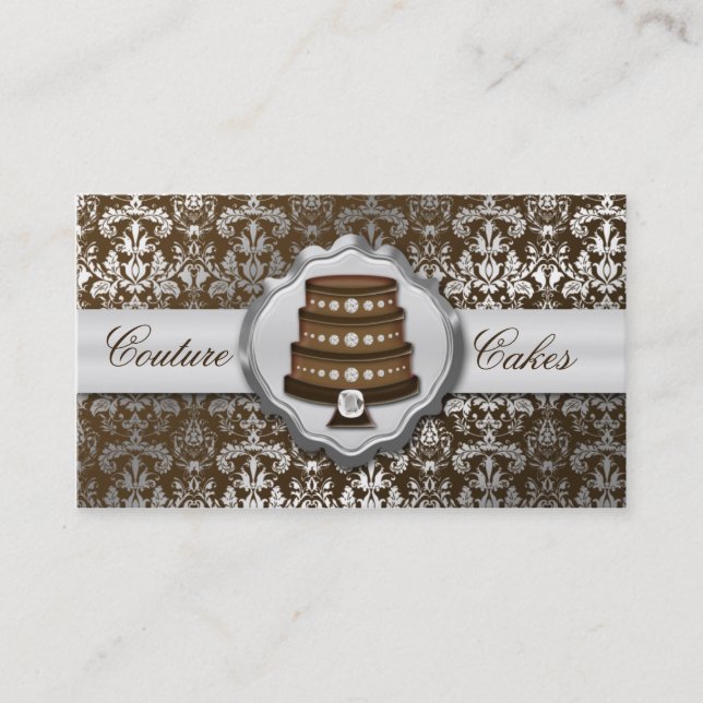 Chocolate Brown Cake Couture Glitzy Damask Bakery Business Card (Front)