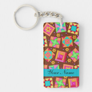 Chocolate Brown Colourful Quilt Patchwork Blocks Keychain