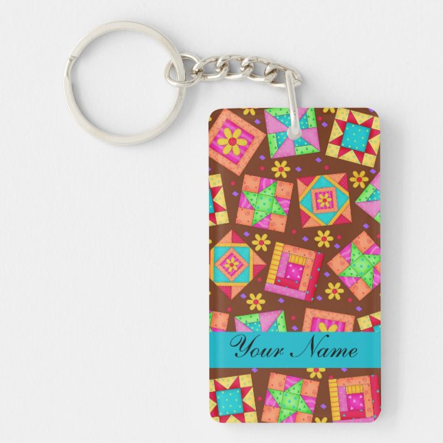 Chocolate Brown Colourful Quilt Patchwork Blocks Keychain (Front)
