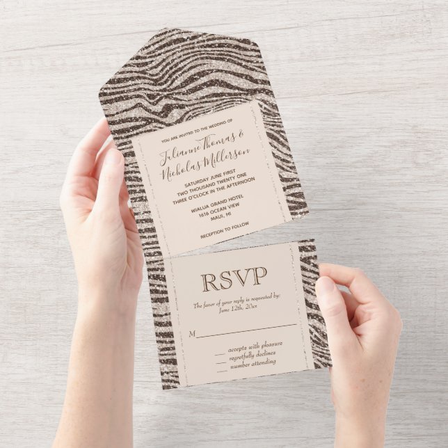 Chocolate Brown Cream Blush Zebra Glitter All In One Invitation (Tearaway)
