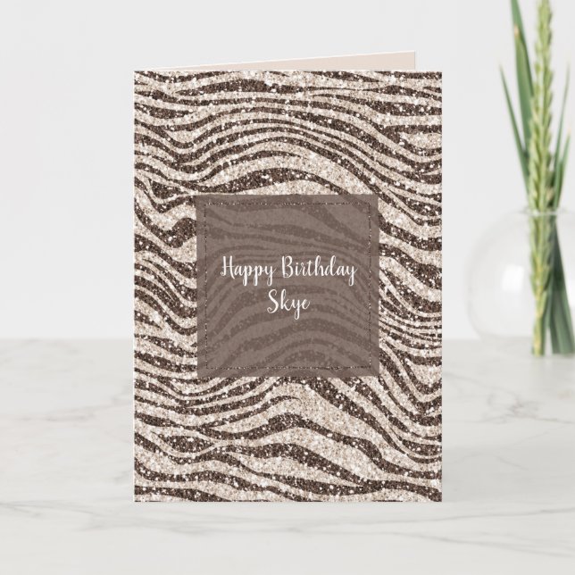 Chocolate Brown Cream Blush Zebra Glitter    Card (Front)