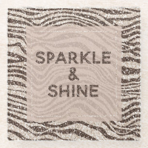 Chocolate Brown Cream Blush Zebra Glitter Glass Coaster