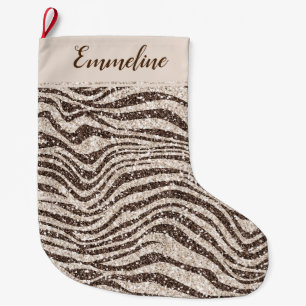 Chocolate Brown Cream Blush Zebra Glitter Large Christmas Stocking