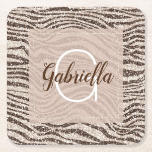 Chocolate Brown Cream Blush Zebra Glitter Monogram Square Paper Coaster