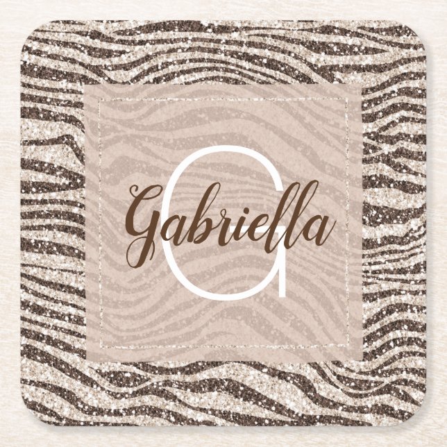 Chocolate Brown Cream Blush Zebra Glitter Monogram Square Paper Coaster (Front)
