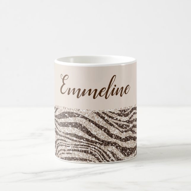 Chocolate Brown Cream Blush Zebra Glitter Name Coffee Mug (Center)