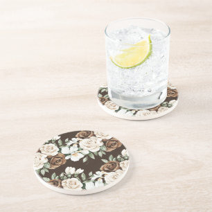 Chocolate Brown Cream Flowers Coaster
